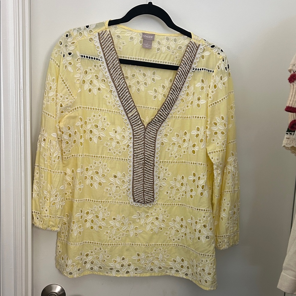 Chico's Yellow Eyelet V-Neck Tunic